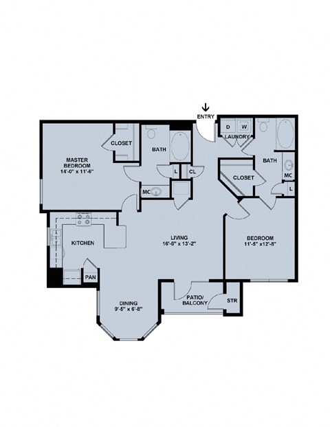 Floor plan for 2 beds, 2 baths, 1177 sqft